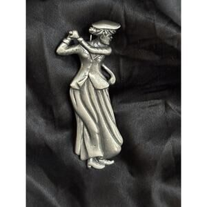 Vintage Old Fashion Lady Golfer Brooch Pewter Tone Lady Playing Golf Brooch Pin